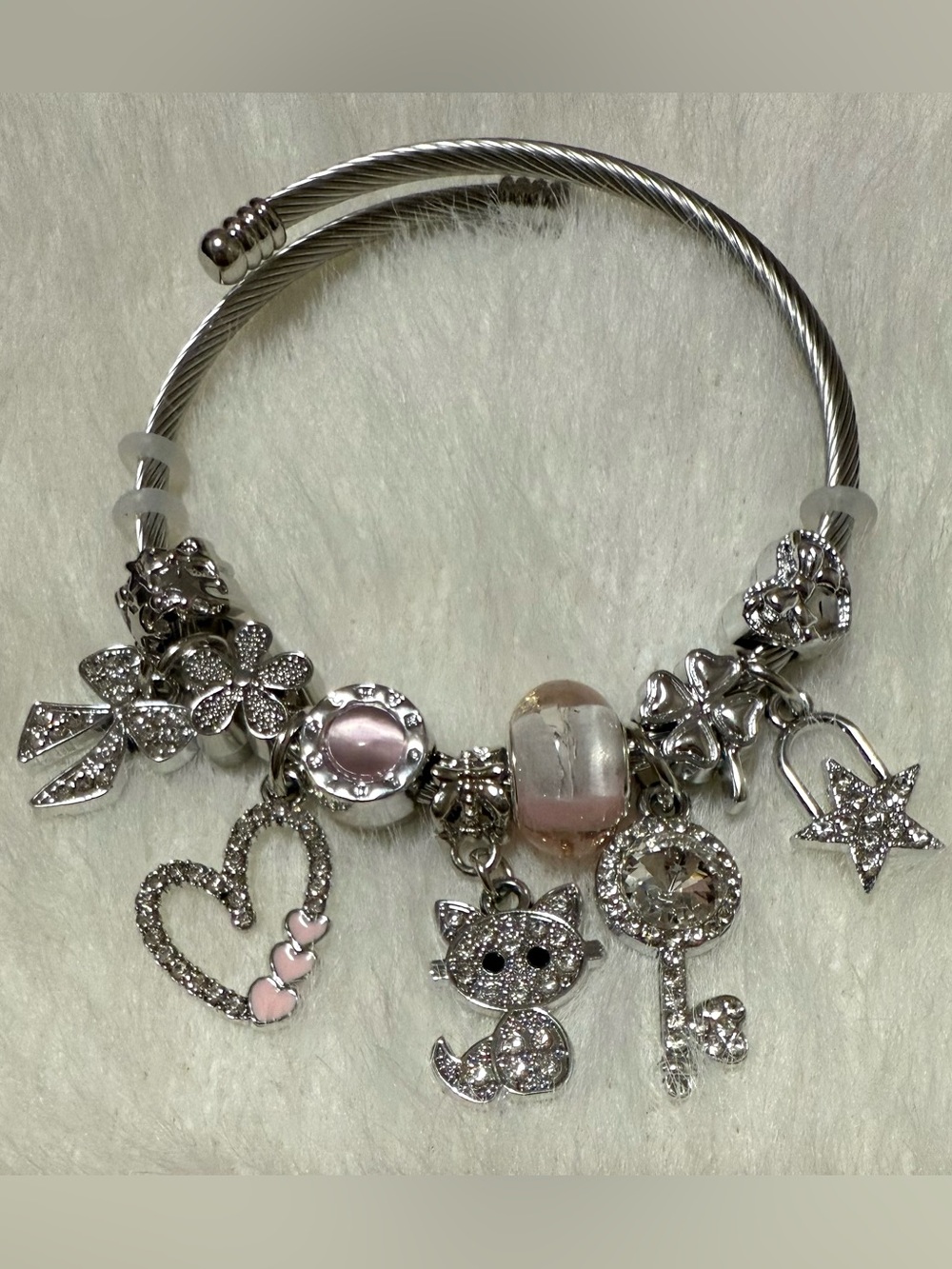 Stainless Steel Charm Bracelet with Pink Accents in Silver-tone - Picture 3 of 9